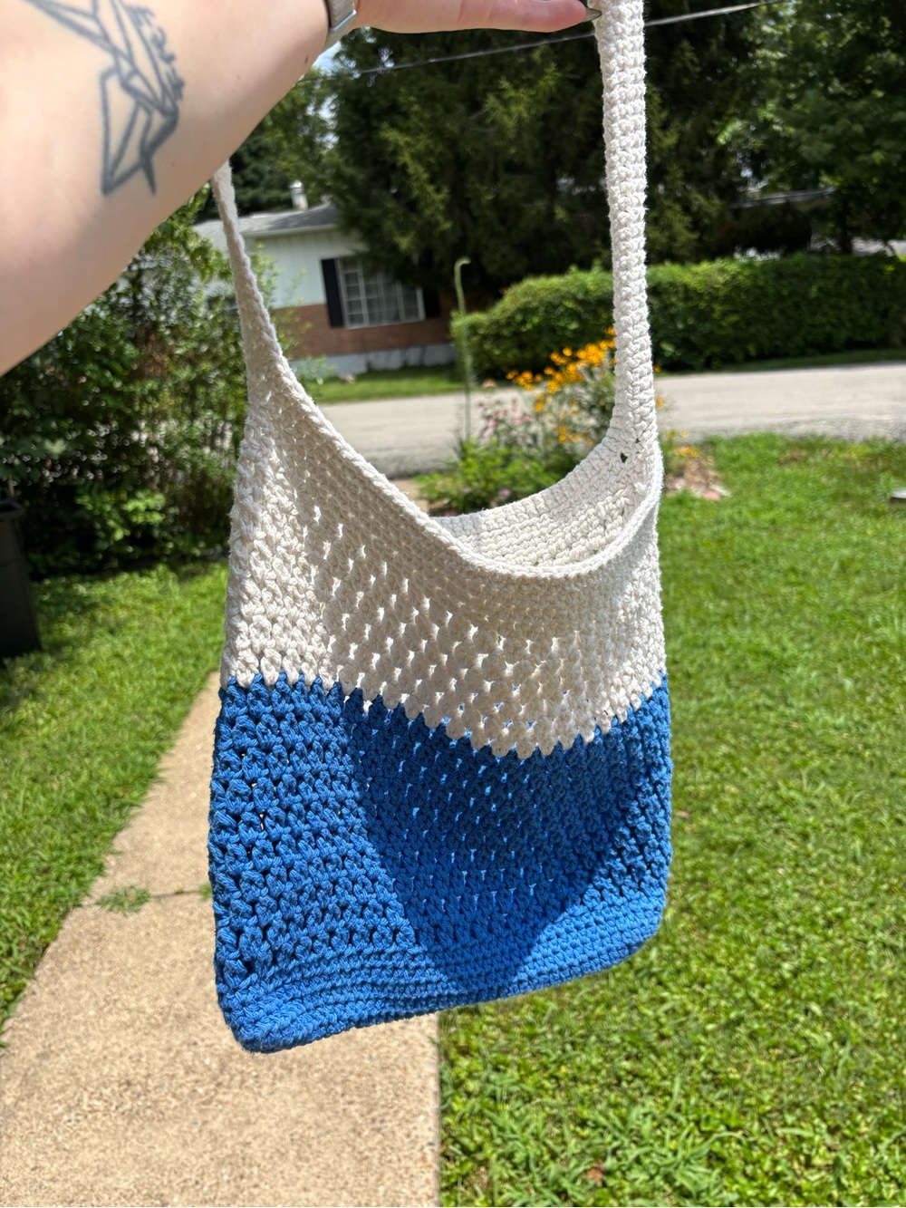 Handmade Crochet Colorblock Crossbody Bag Blue White Slouchy Market Tote